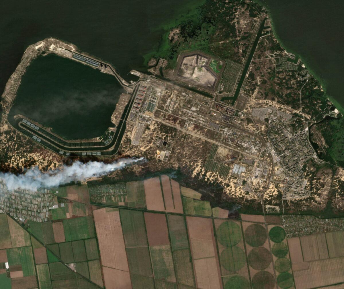 Overview of Zaporizhzhia nuclear power plant and fires, in Enerhodar in Zaporizhzhia region, Ukraine, on Aug. 24, 2022. (European Union, Copernicus Sentinel-2 imagery via Reuters)