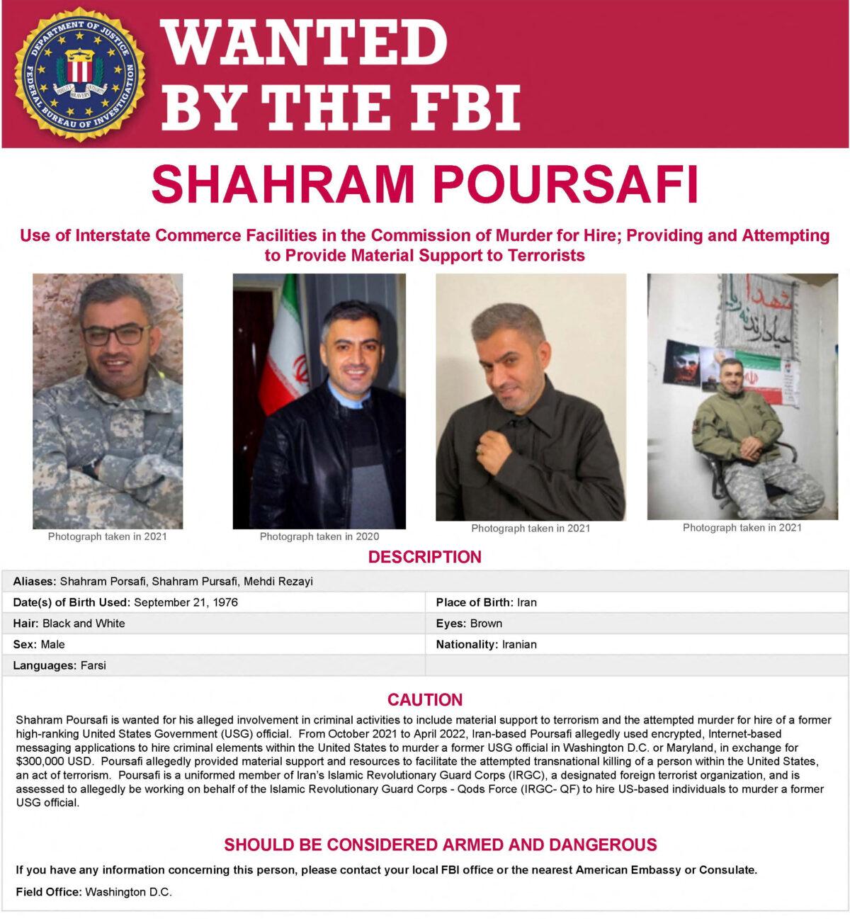 An FBI wanted poster shows Shahram Poursafi, also known as Mehdi Rezayi, of Tehran, Iran, in an image released on Aug. 10, 2022. (Federal Bureau of Investigation/Handout via Reuters)