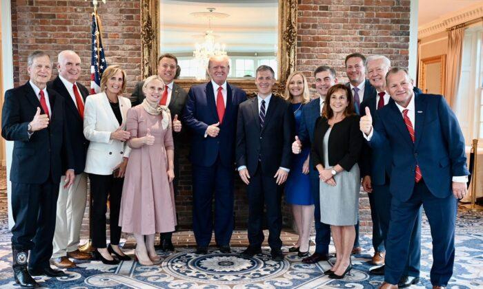 Rep. Victoria Spartz (R-Ind.) (4-L) with former President Donald Trump, and other House Republicans at a meeting held at Trump National Golf Club in Bedminster, N.J., on Aug. 9. (Courtesy of Rep. Spartz's office)