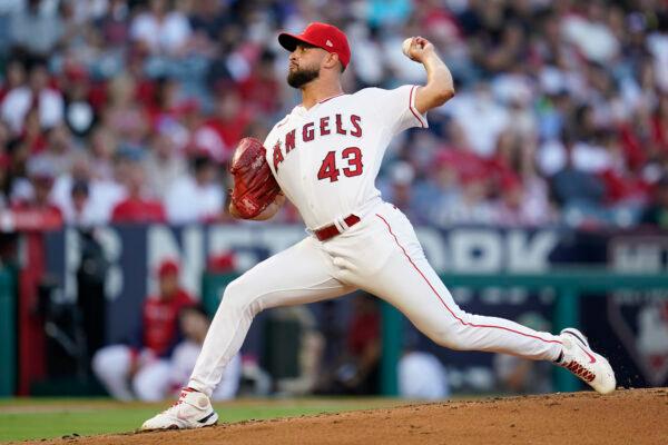Los Angeles Angels starting pitcher Patrick Sandoval (43) throws during the second inning of a baseball game against the Minnesota Twins in Anaheim, Calif., Aug. 12, 2022. (Ashley Landis/AP Photo)