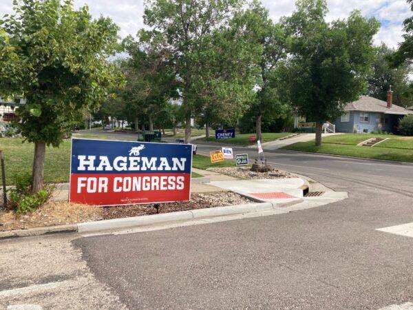 A residential street in Casper, Wyo., is lined with campaign streets signs but unless three-term incumbent Rep. Liz Cheney (R-Wyo.) has a stealth reservoir of support among Wyoming Republicans not detected in polls, challenger Harriet Hageman appears poised to convincingly win the state’s Aug. 16 GOP congressional primary.  (John Haughey/The Epoch Times)