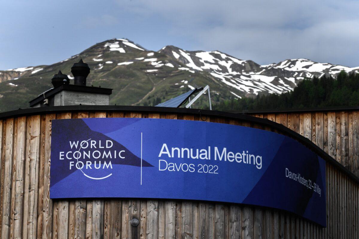 An event banner on the Congress Centre ahead of the World Economic Forum's annual meeting in Davos, Switzerland, on May 22, 2022. (Fabrice Coffrini/AFP via Getty Images)