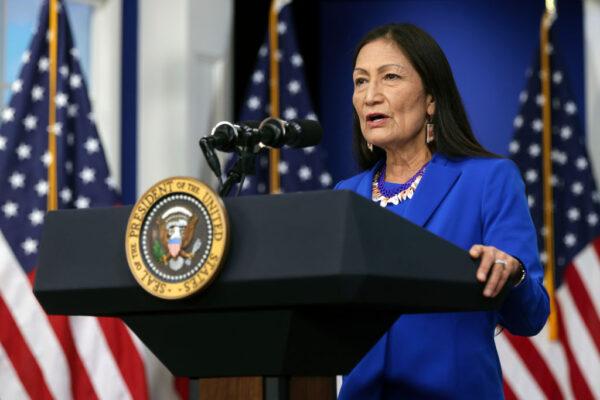 U.S. Interior Secretary Deb Haaland delivers remarks at the 2021 Tribal Nations Summit, at the Eisenhower Executive Office Building in Washington, D.C., on Nov. 15, 2021. (Alex Wong/Getty Images)