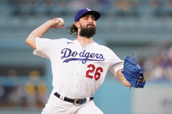 Los Angeles Dodgers starting pitcher Tony Gonsolin (26) throws during the first inning of a baseball game against the Milwaukee Brewers in Los Angeles, Aug. 23, 2022. (Ashley Landis/AP Photo)