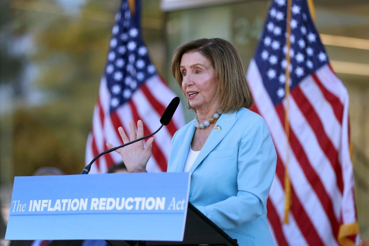 Speaker of the House Nancy Pelosi (D-Calif.) speaks during a press conference about how the Inflation Reduction Act will lower health care and prescription drug costs at Southeast Health Center Clinic in San Francisco on Aug. 24, 2022. (Justin Sullivan/Getty Images)