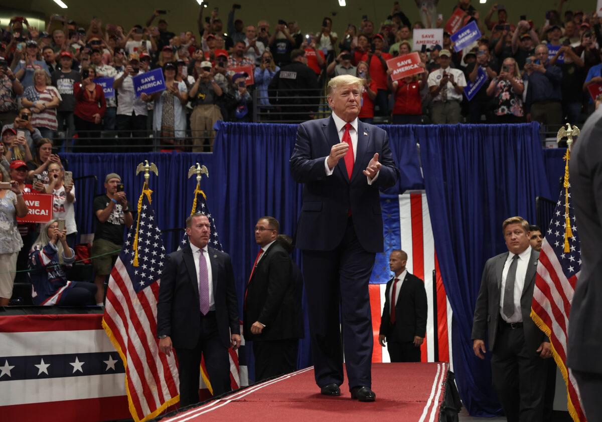 Former President Donald Trump greets supporters during a "Save America" rally at Alaska Airlines Center in Anchorage, Alaska, on July 09, 2022. (Justin Sullivan/Getty Images)