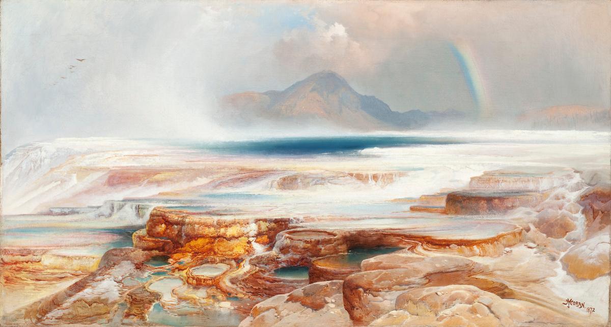 "Hot Springs of the Yellowstone," 1872, by Thomas Moran. Oil on canvas; 28 inches by 42 inches. LACMA. (Public domain)