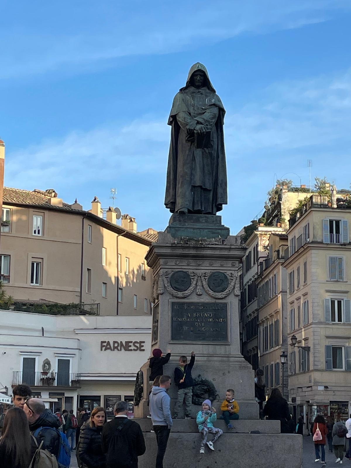 A statue of Giordano Bruno silently watches over bustling crowds in Rome's Campo de'Fiori. (Photo courtesy of Lesley Frederikson.)
