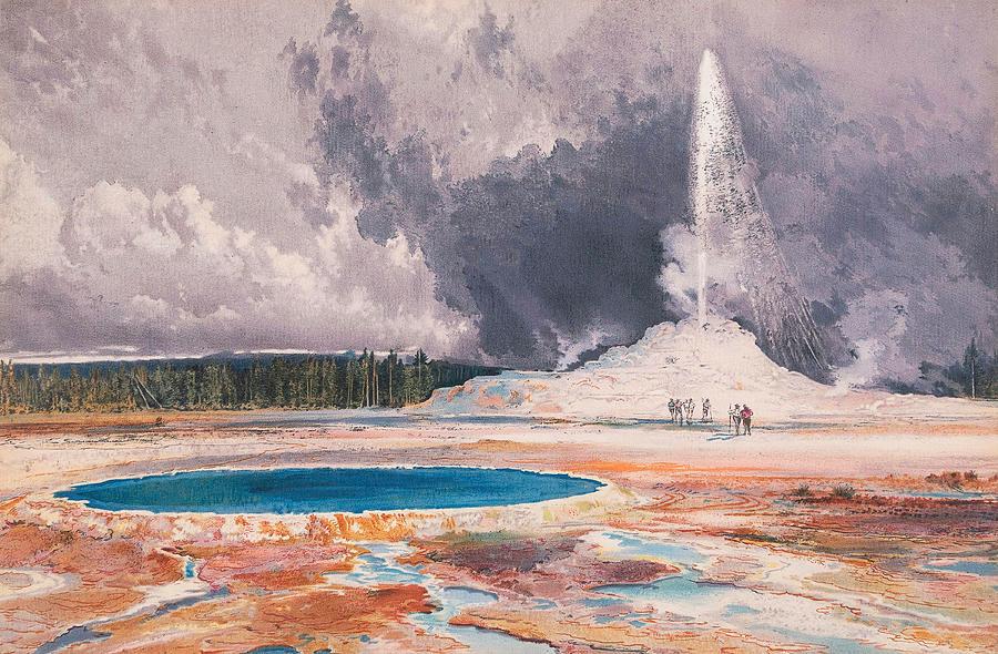 "The Castle Geyser, Upper Geyser Basin, Yellowstone National Park," 1874, by Thomas Moran. Chromolithograph; 8.25 inches by 12.5 inches. Amon Carter Museum of American Art, Fort Worth, Texas. (Public domain)