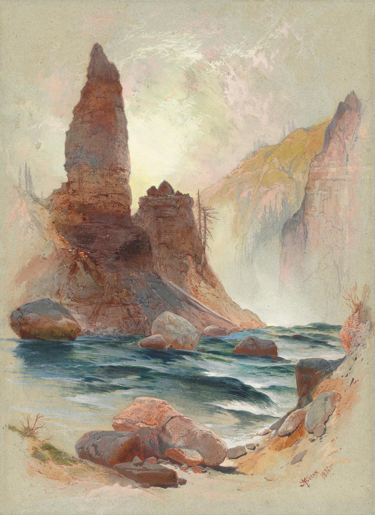 "Tower at Tower Falls, Yellowstone," 1872, by Thomas Moran. Watercolor and gouache over graphite on blue paper; 14.25 inches by 10.36 inches. Florian Carr Fund. National Gallery of Art. (Public domain)