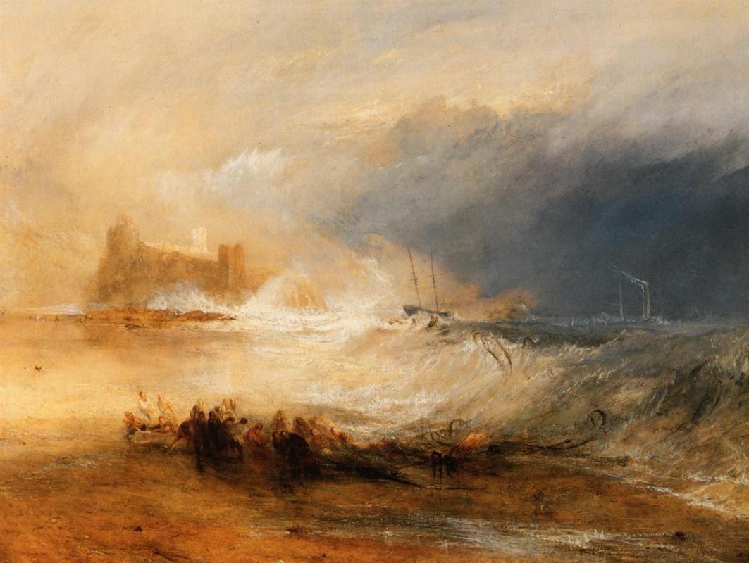 The young Moran was greatly influenced by British painter J.M.W. Turner. "Wreckers Coast of Northumberland," circa 1834, by J.M.W. Turner. Oil on canvas; 35.66 inches by 47.56 inches. Yale Center for British Art, Paul Mellon Collection. (Public domain)