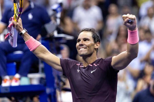 Spain's Rafael Nadal celebrates his win over Australia's Rinky Hijikata during their 2022 US Open Tennis tournament men's singles first round match at the USTA Billie Jean King National Tennis Center in New York, Aug. 30, 2022. (Corey Sipkin/AFP via Getty Images)