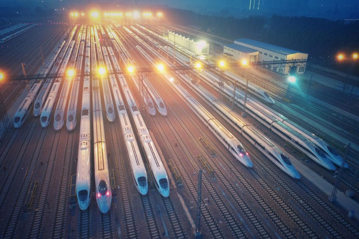 Aerial view of high-speed trains at a maintenance factory in Zhengzhou, Henan Province of China, on June 20, 2016. (Visual China Group via Getty Images)