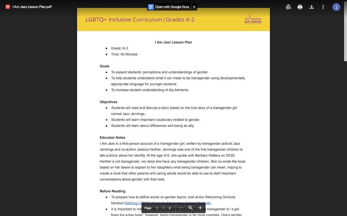A lesson plan on transgender YouTuber Jazz Jennings designed for Maine kindergarteners by LGBT group OUT Maine. Screenshot on Sept. 1, 2022. (Jackson Elliott/ The Epoch Times)