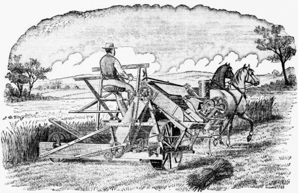 McCormick reaper and twine binder in 1884, probably a McCormick Harvester Company advertisement. Front page of The Abilene Reflector, Kansas. (Public Domain)