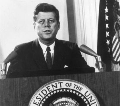 President John F. Kennedy in a televised speech to the nation about the Cuban missile crisis in February 1962. (Getty Images)