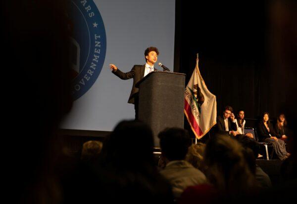 Former Youth Governor Scott Nagatoshi welcomes the delegates at the California Youth and Government in a scene from the documentary "The Youth Governor" by Matthew Halmy and Jaron Halmy. (Greenwich Entertainment)