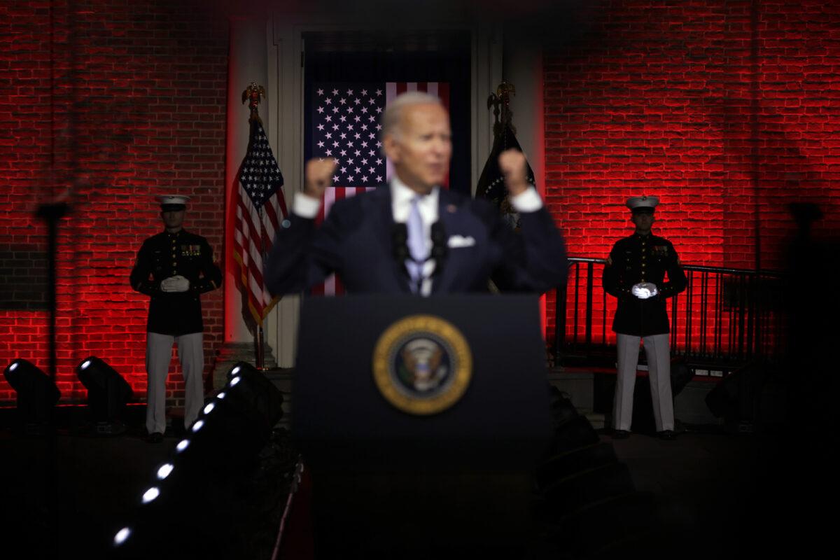 U.S. President Joe Biden delivers a primetime speech at Independence National Historical Park in Philadelphia, on Sept. 1, 2022. (Alex Wong/Getty Images)
