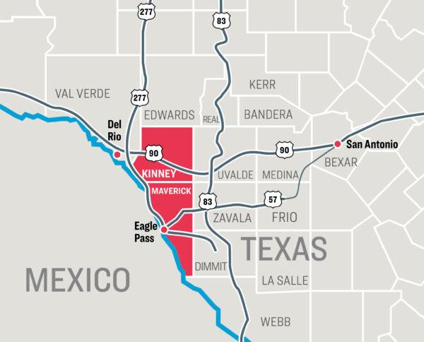 South Texas border region highlighting Maverick and Kinney counties, which share an international boundary with Mexico. (The Epoch Times)