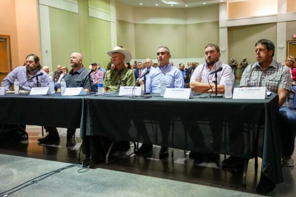 Ranchers from South Texas testify during a Texas Senate field hearing on border security in Eagle Pass, Texas, on Aug. 10, 2022. (Charlotte Cuthbertson/The Epoch Times)