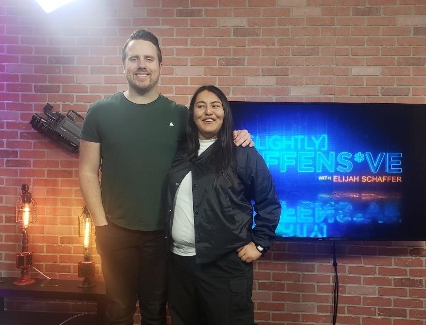 Abel Garcia (R) visits Elijah Schaffer for an interview on the BlazeTV show "Slightly Offens*ve" in January 2020 about his transition and that he wanted to detransition. (Courtesy of Abel Garcia)