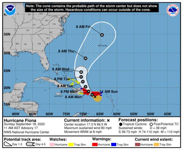The National Hurricane Center's forecast as of Sunday, Sept. 18, for Hurricane Fiona. (NHC)