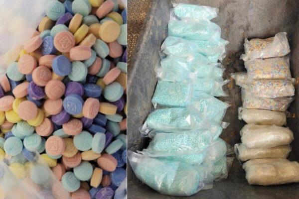 U.S. Customs and Border Protection seized approximately 47,000 rainbow-colored fentanyl pills, 186,000 blue fentanyl pills, and 6.5 pounds of meth hidden in a floor compartment of a vehicle at the Nogales port of entry on the southern border with Mexico on Sept. 3, 2022. (U.S. Customs and Border Protection)