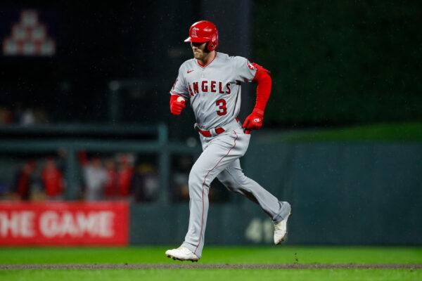 Taylor Ward (3) of the Los Angeles Angels rounds the bases on his solo home run against the Minnesota Twins in the second inning of the game at Target Field in Minneapolis, on Sept. 23, 2022. (David Berding/Getty Images)