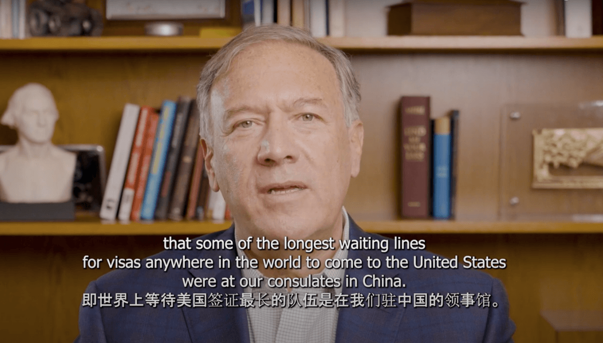 The screenshot of episode two of “An Evening Chat with Mike Pompeo: a message to the Chinese People.” (Video Screenshot)