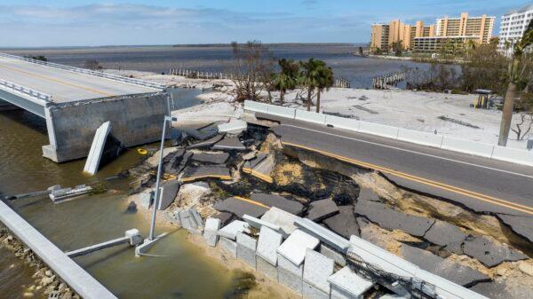 A section of the Sanibel Causeway was lost due to the effects of Hurricane Ian, in Fort Myers, Fla., on Sept. 29, 2022. (Steve Helber/AP Photo)