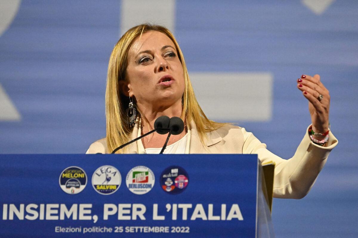 Brothers of Italy party leader Giorgia Meloni delivers a speech on stage during a rally at Piazza del Popolo in Rome, on Sept. 22, 2022, ahead of the Sept. 25 general election. (Alberto Pizzoli/AFP/Getty Images)
