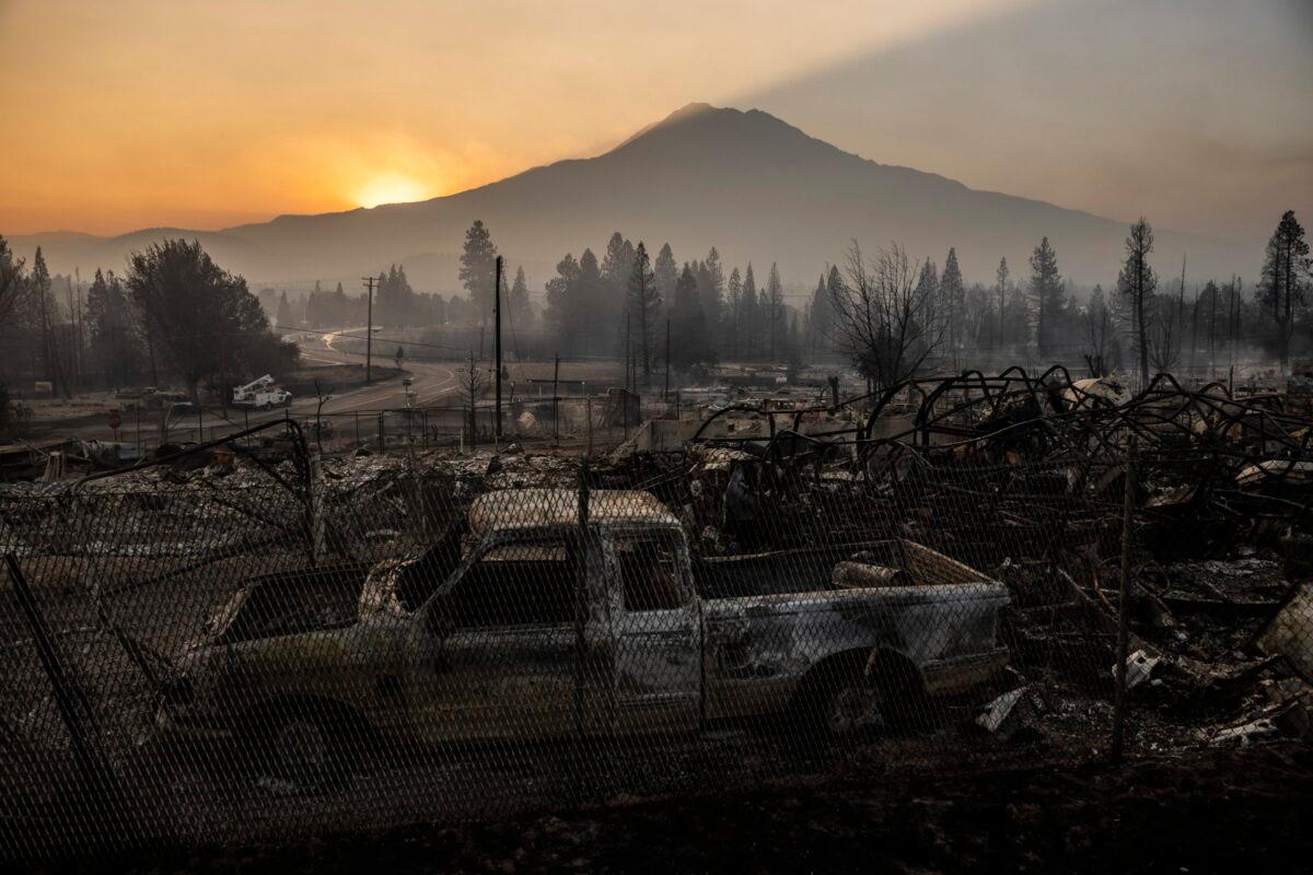 Properties destroyed by the Mill Fire are seen in Weed, Calif., on Sept. 3, 2022. (Stephen Lam/San Francisco Chronicle via AP)