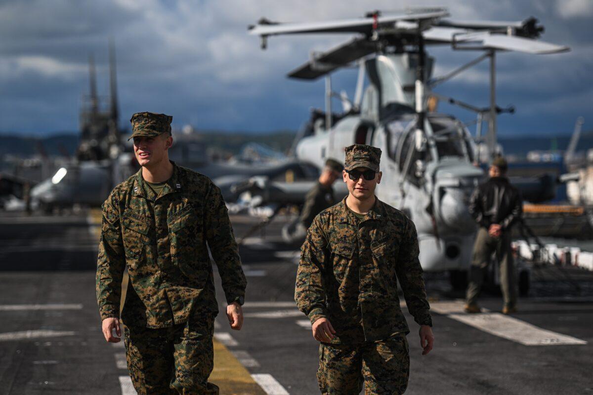 U.S. Marines walk on the flight deck of the USS Kearsarge in Gdynia, Poland, on Sept. 17, 2022. (Omar Marques/Getty Images)