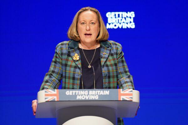 Secretary of State for Transport Anne-Marie Trevelyan speaks during the Conservative Party annual conference at the International Convention Centre in Birmingham, England, on Oct. 4, 2022. (Jacob King/PA Media)