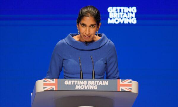 Home Secretary Suella Braverman speaking during the Conservative Party annual conference at the International Convention Centre in Birmingham on Oct. 4, 2022. (Jacob King/PA Media)