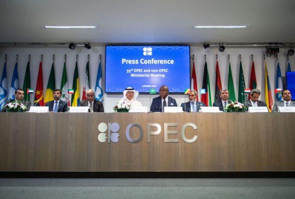Representatives of OPEC member countries attend a press conference after the 45th Meeting of the Joint Ministerial Monitoring Committee and the 33rd OPEC and non-OPEC Ministerial Meeting in Vienna, Austria, on Oct. 5, 2022. (Vladimir Simicek/AFP via Getty Images)