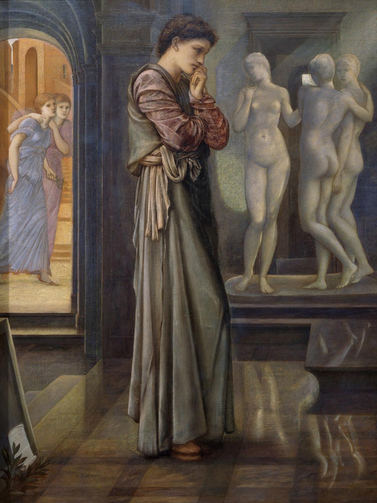 Disgusted by the vices of the Propoetides (L), Pygmalion focuses single-mindedly on creating beautiful art. "Pygmalion and the Image – The Heart Desires," 1878, by Sir Edward Burne-Jones. Birmingham Museums Trust. (Public Domain)