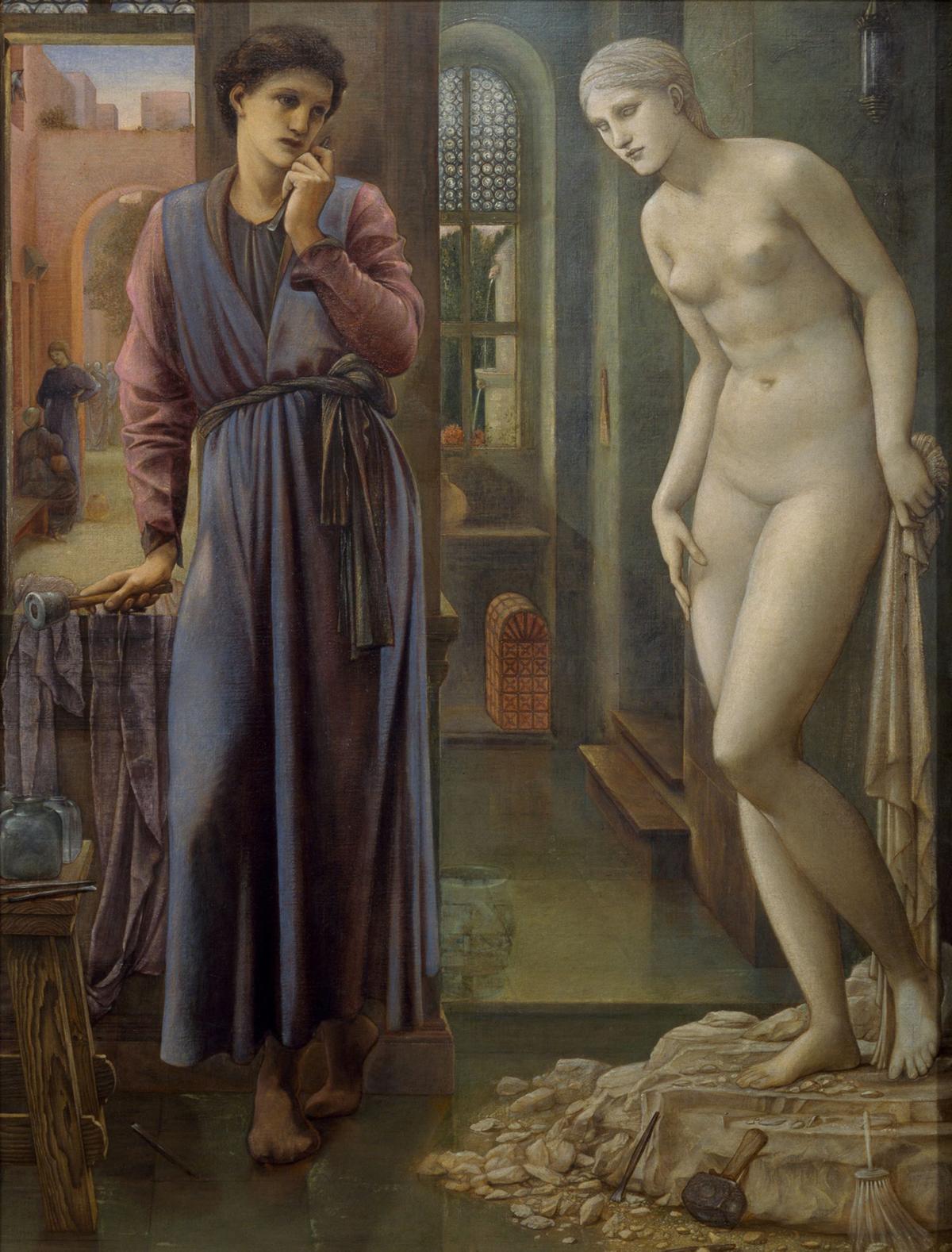 In turning away from earthly temptations, Pygmalion presumably reaches a higher level of moral excellence. "Pygmalion and the Image – The Hand Refrains," 1878, by Sir Edward Burne-Jones. Birmingham Museums Trust. (Public Domain)