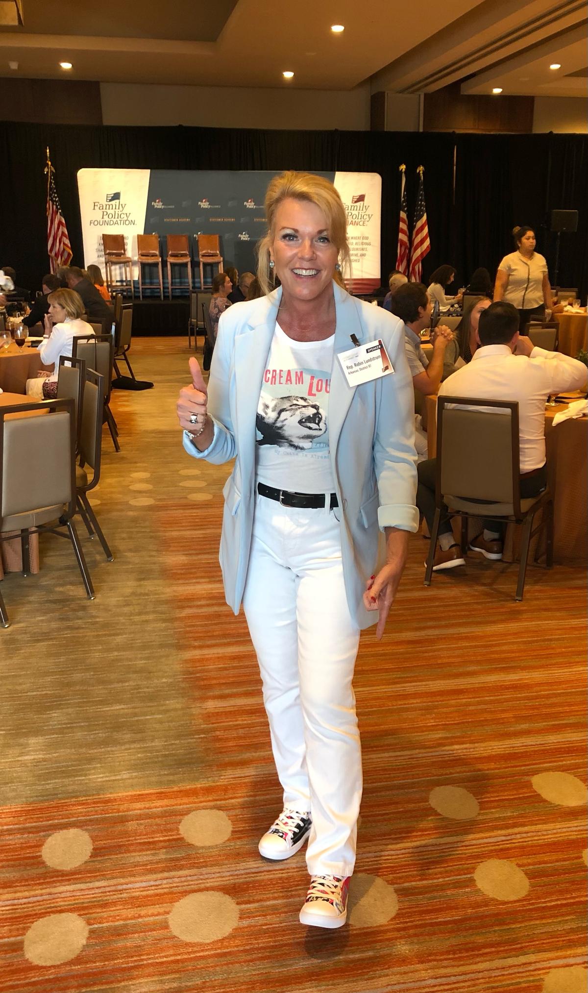 Arkansas Rep. Robin Lundstrum wears a T-shirt supporting TreVoices.org, which transgender man Scott Newgent runs to advocate on behalf of youths struggling with gender identity and sexual orientation. (Courtesy of Robin Lundstrum)