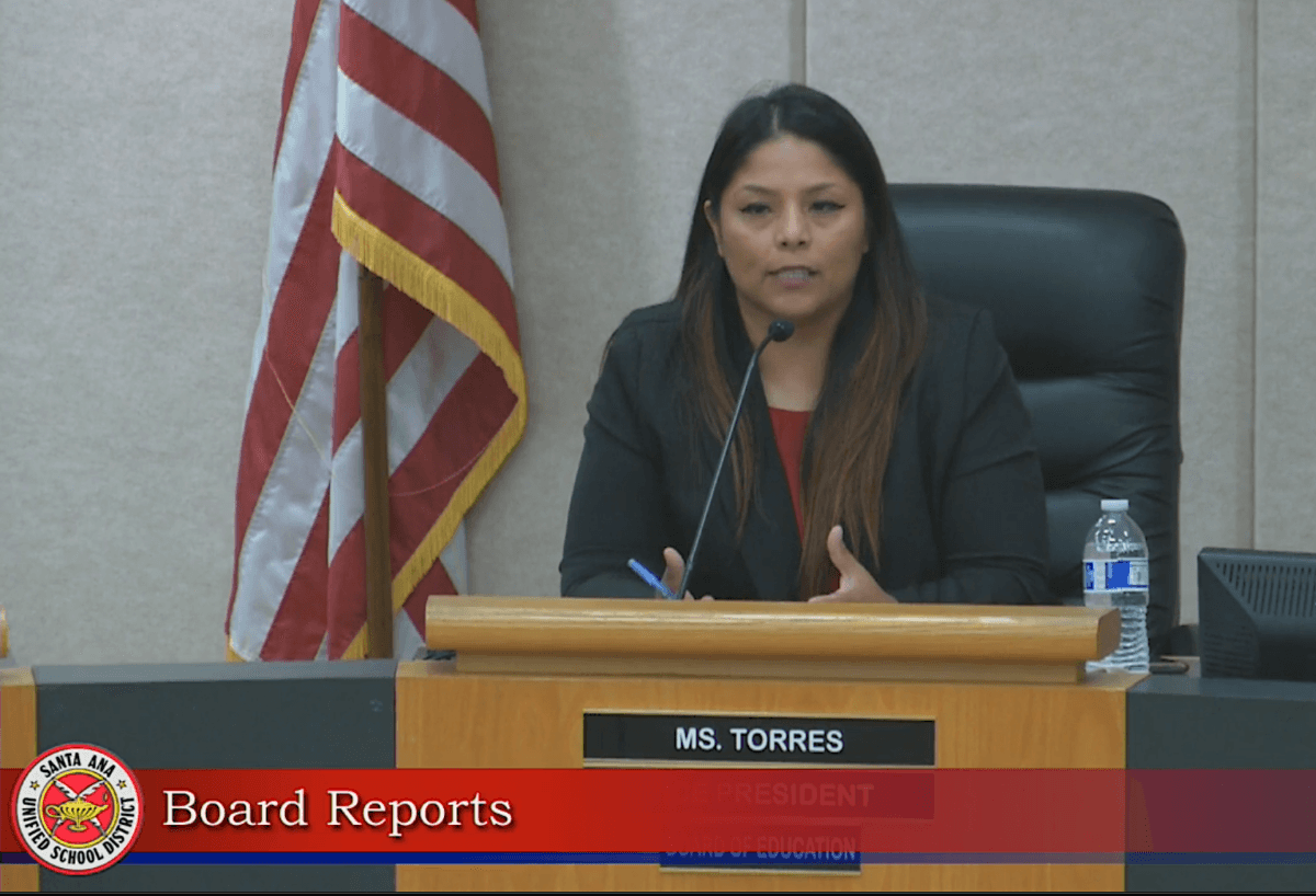 Carolyn Torres, a trustee of the Santa Ana Unified School District (SAUSD), speaks at a board meeting in Santa Ana, Calif., on Oct. 11, 2022. (Screenshot via Santa Ana Unified School District)