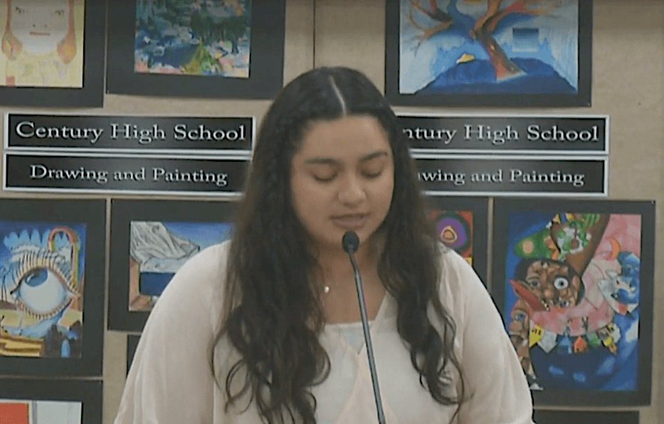 Sarah Aguilar, a youth leader in Santa Ana and graduate of Cal State University Fullerton, speaks to Santa Ana Unified School District (SAUSD) trustees at a board meeting in Santa Ana, Calif., on Oct. 11, 2022. (Screenshot via Santa Ana Unified School District)