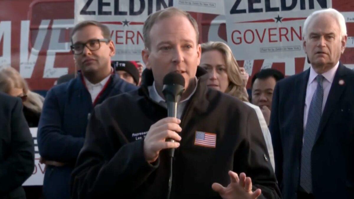 Rep. Lee Zeldin (R-N.Y.), the Republican candidate for New York governor, speaks at a rally in Queens, N.Y., on Oct. 22, 2022, in a still from video released by NTD. (NTD)