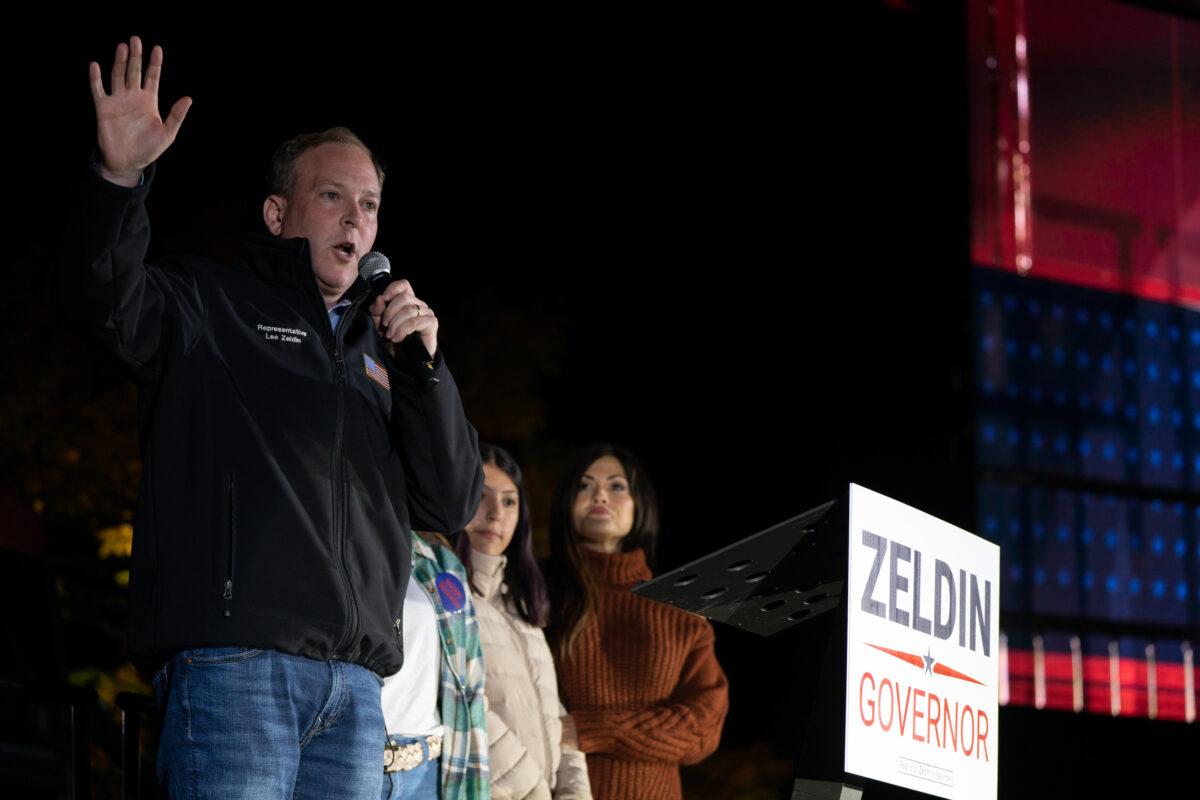 New York Republican gubernatorial candidate, Rep. Lee Zeldin (R-N.Y.), campaigns alongside Florida Gov. Ron DeSantis (R-FL) at a "Get Out the Vote" rally in Hauppauge, N.Y., on Oct. 29, 2022. (David Dee Delgado/Getty Images)