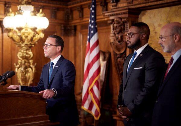Governor-elect Josh Shapiro (L) speaks with the press. He is joined by Gov. Tom Wolf and Lt. Gov.- elect Austin Davis in Harrisburg, Pa., on Nov. 16, 2022. (Commonwealth Media Services)