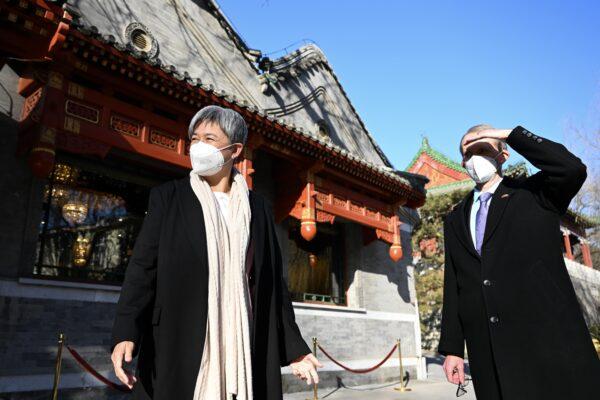 Australian Foreign Minister Penny Wong meets with Australian Ambassador to China Graham Fletcher at the Diaoyutai State Guesthouse in Beijing, China, on Dec. 21, 2022. (AAP Image/Lukas Coch)