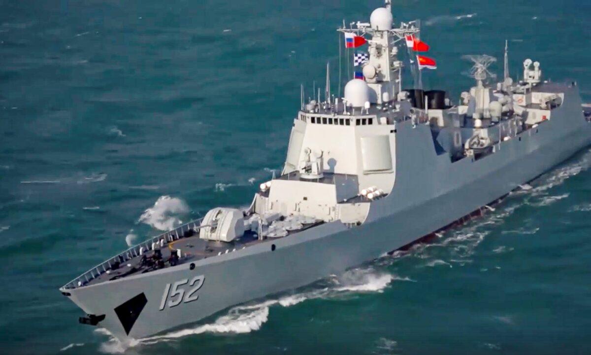 The Chinese destroyer Jinan takes part in joint naval drills with Russia in the East China Sea on Dec. 22, 2022. (Russian Defense Ministry Press Service via AP)
