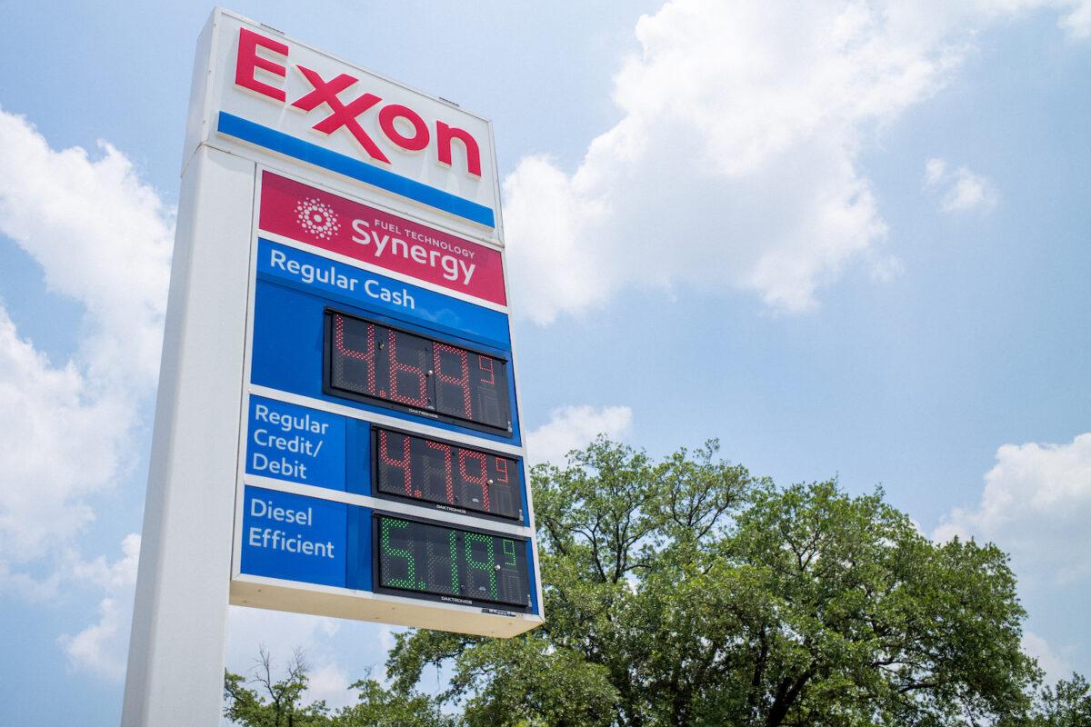 Gas prices are seen on an Exxon Mobil gas station sign in Houston, Texas on June 9, 2022. (Brandon Bell/Getty Images)