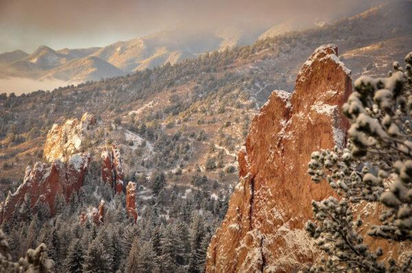 Pikes Peak in the Garden of the Gods is composed of pink granite and towers at an elevation of 14,000 feet above sea level. When Palmer first saw the landscape, he wrote, “I could not sleep anymore with all the splendid panorama of mountains gradually unrolling itself.” (Courtesy of Glen Eyrie)