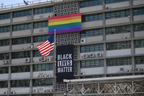 A Black Lives Matter banner is displayed on the U.S. embassy in Seoul, South Korea, on June 14, 2020. (Photo by Ed Jones/AFP via Getty Images)