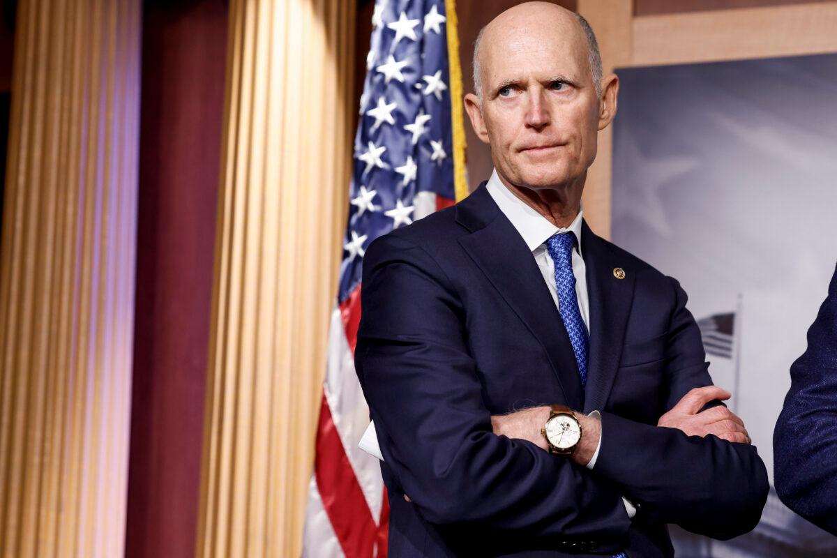 Sen. Rick Scott (R-Fla.) listens during a news conference at the U.S. Capitol on Jan. 25, 2023. (Anna Moneymaker/Getty Images)